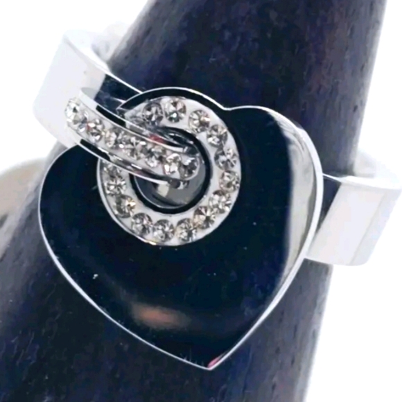 Rhinestone Heart Silver Charm Ring Sizes 7, 8, 9,  avail. - Picture 1 of 6
